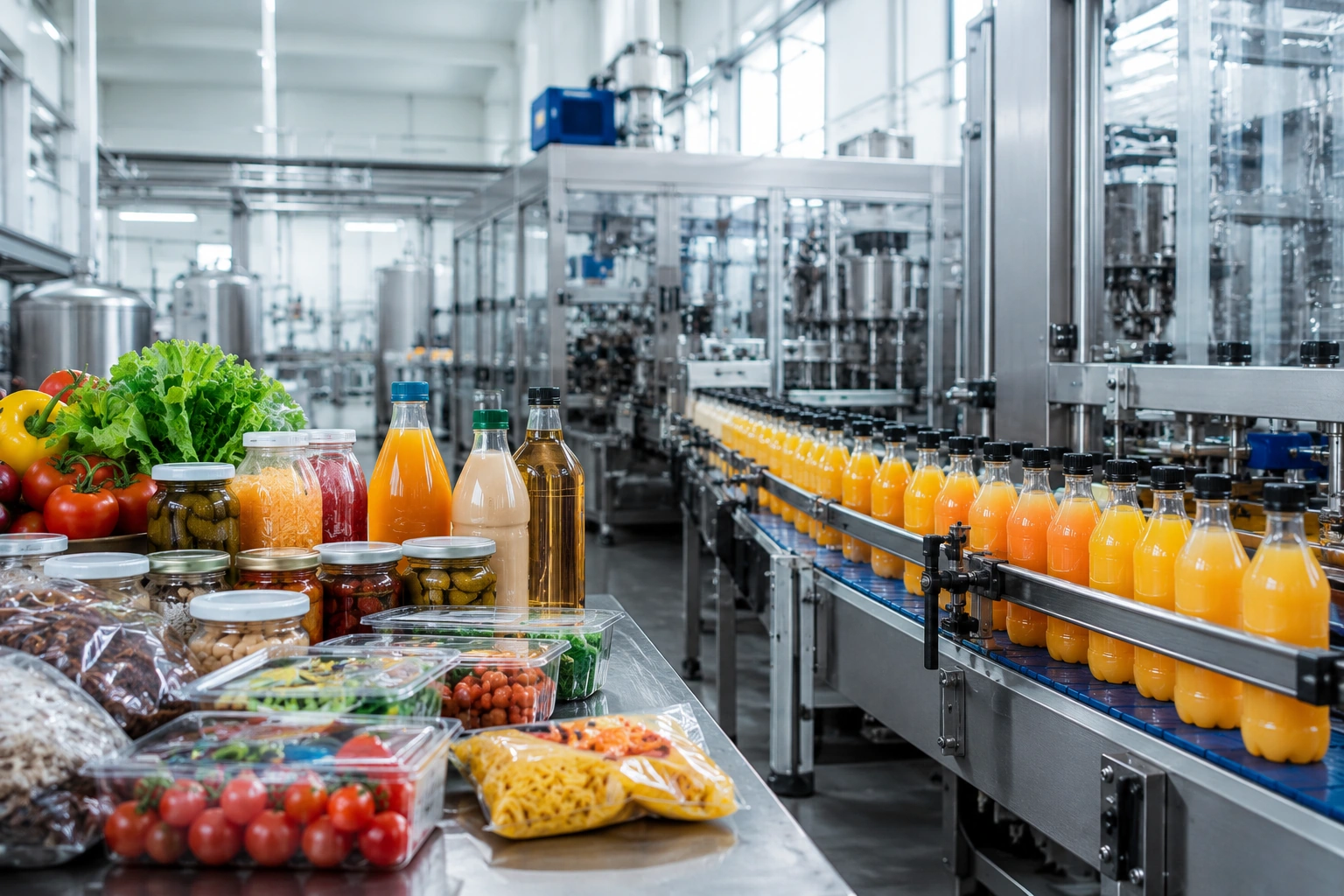 Food and beverage production line with automated handling equipment